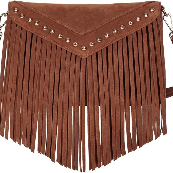 Boho Western Fringe Purse for Women Double Velour Suede Crossbody Tassel Hobo Ba - Picture 1 of 6